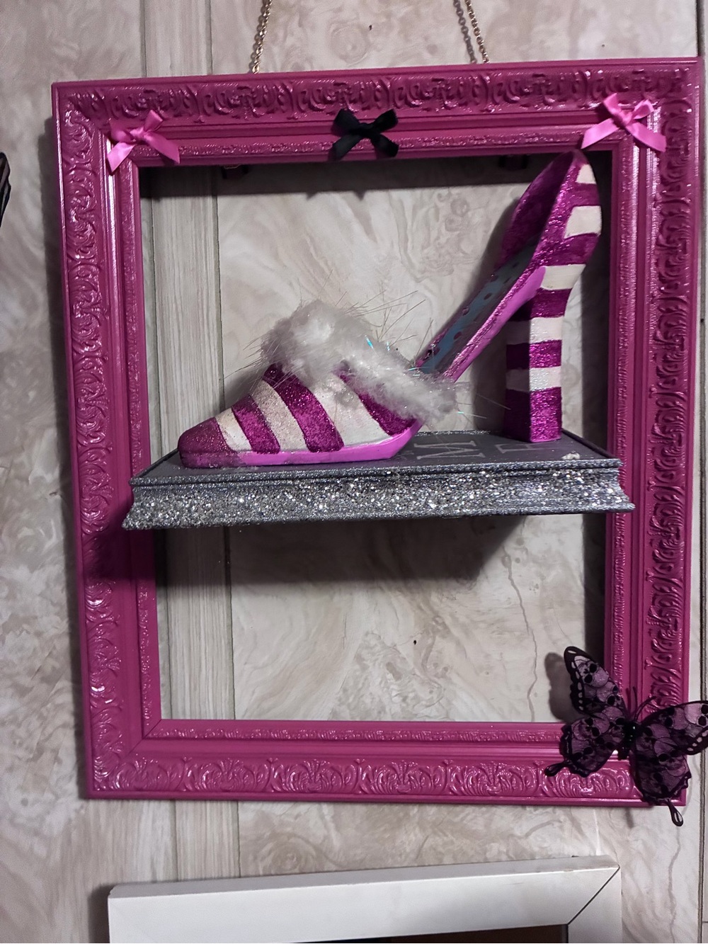 Pink Glitter Striped High Heel Decorative Accent with Faux Fur Trim